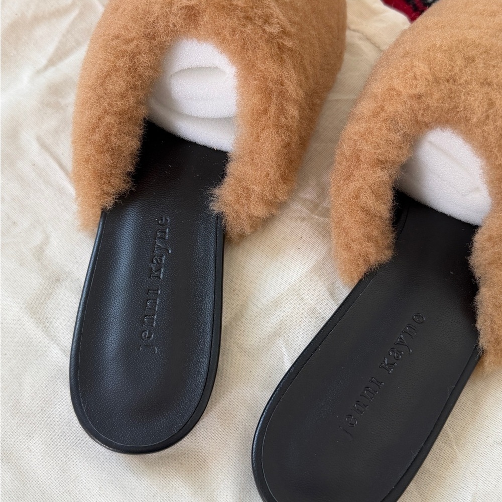 NEW Jenni Kayne Shearling Mule Slip On Flat Shoes Brown Black Leather Slides - Picture 2 of 9